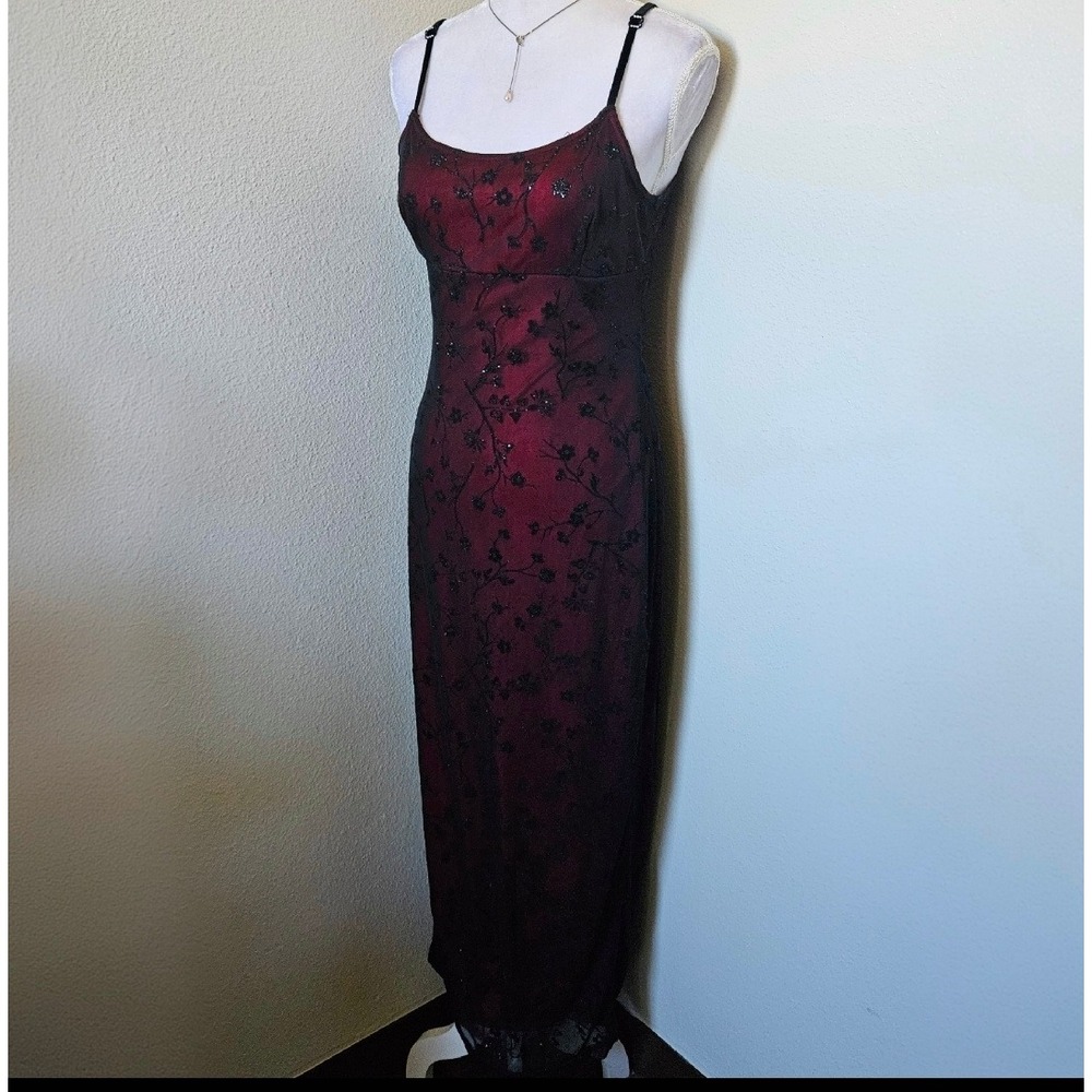 Vintage Jody California Red Black Glitter Floral Mesh Maxi Dress Goth Prom